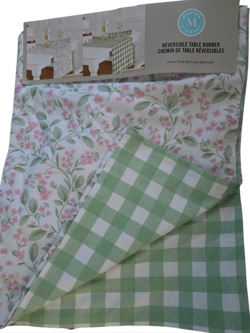 Martha Stewart - NEW Pink Floral and Green Gingham Reversible Table Runner 14x72